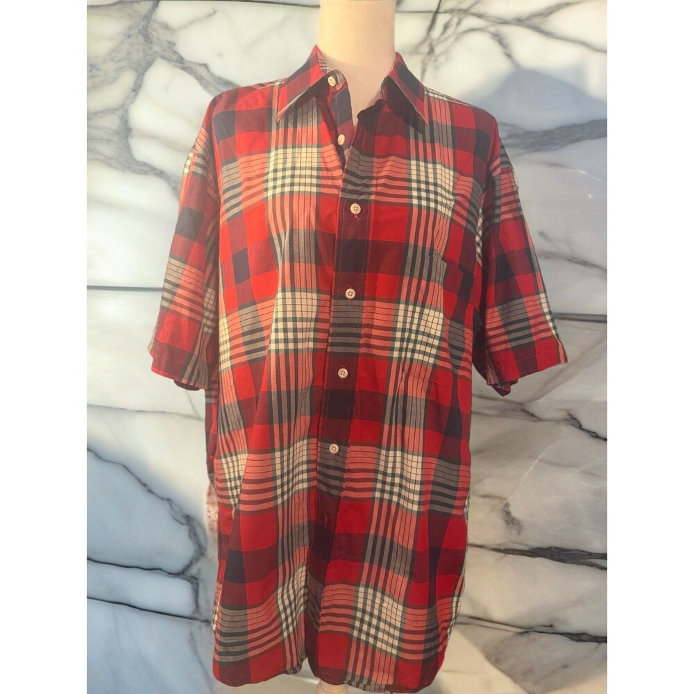 VTG 90's Burberry of London red plaid imported fabric short sleeve shirt